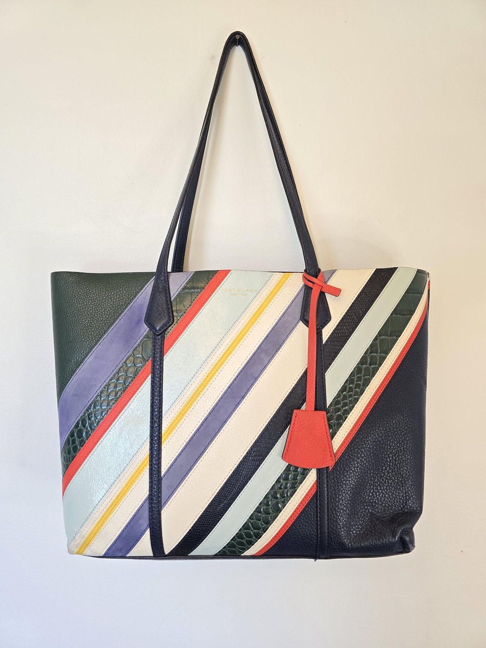 Tory Burch Balloon Stripe Triple Compartment Leather Tote Bag